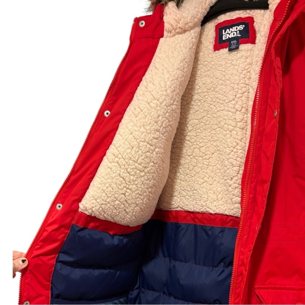 LANDS END Boys’ Expedition Parka Red Down Puffer Jacket with Fur Hood Size XXL - Picture 8 of 13